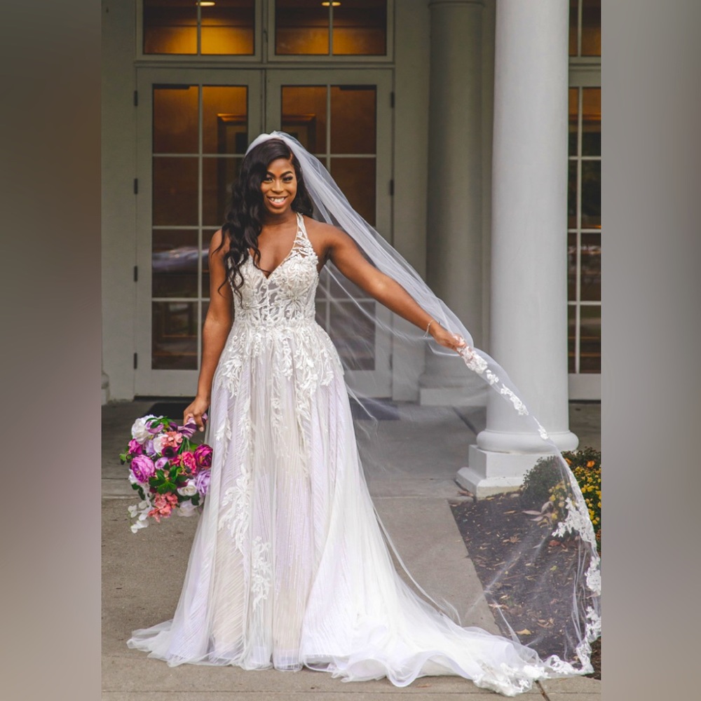 Galina Signature floral applique open back wedding dress